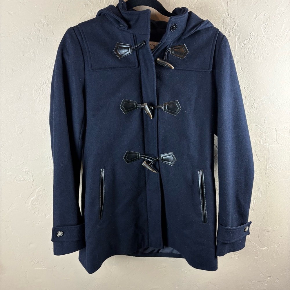 Liz Claiborne Black Wool Blend Peacoat Detachable Hood Toggle Zip Closure Small